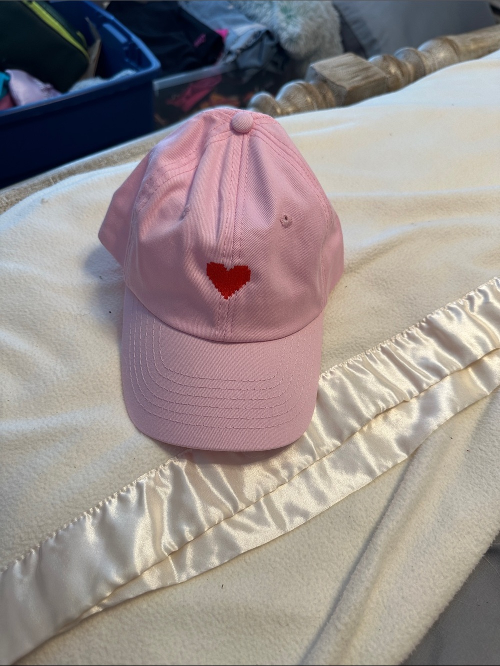 Pink Baseball Cap with Red Heart Embroidery